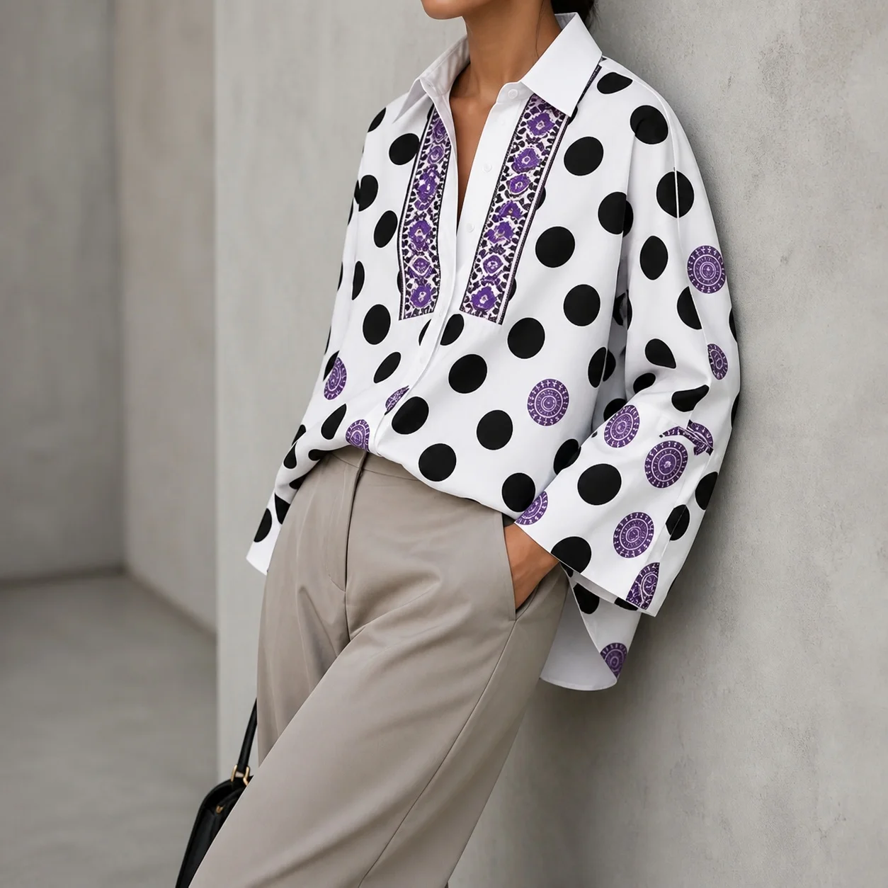Women's Loose Fit Polka Dot Printed Long Sleeve Polo Neck Pullover Blouse Tops For Women Casual Wear With Black Polka Dots