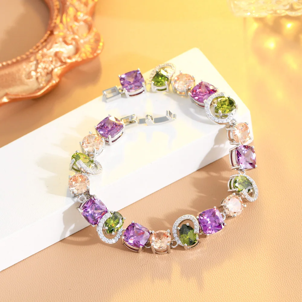 CWWZircons Genuine Cubic Zirconia Sparkling Purple Olive Green CZ Stone Charm Female Engagement Party Bracelets Jewellery CB311