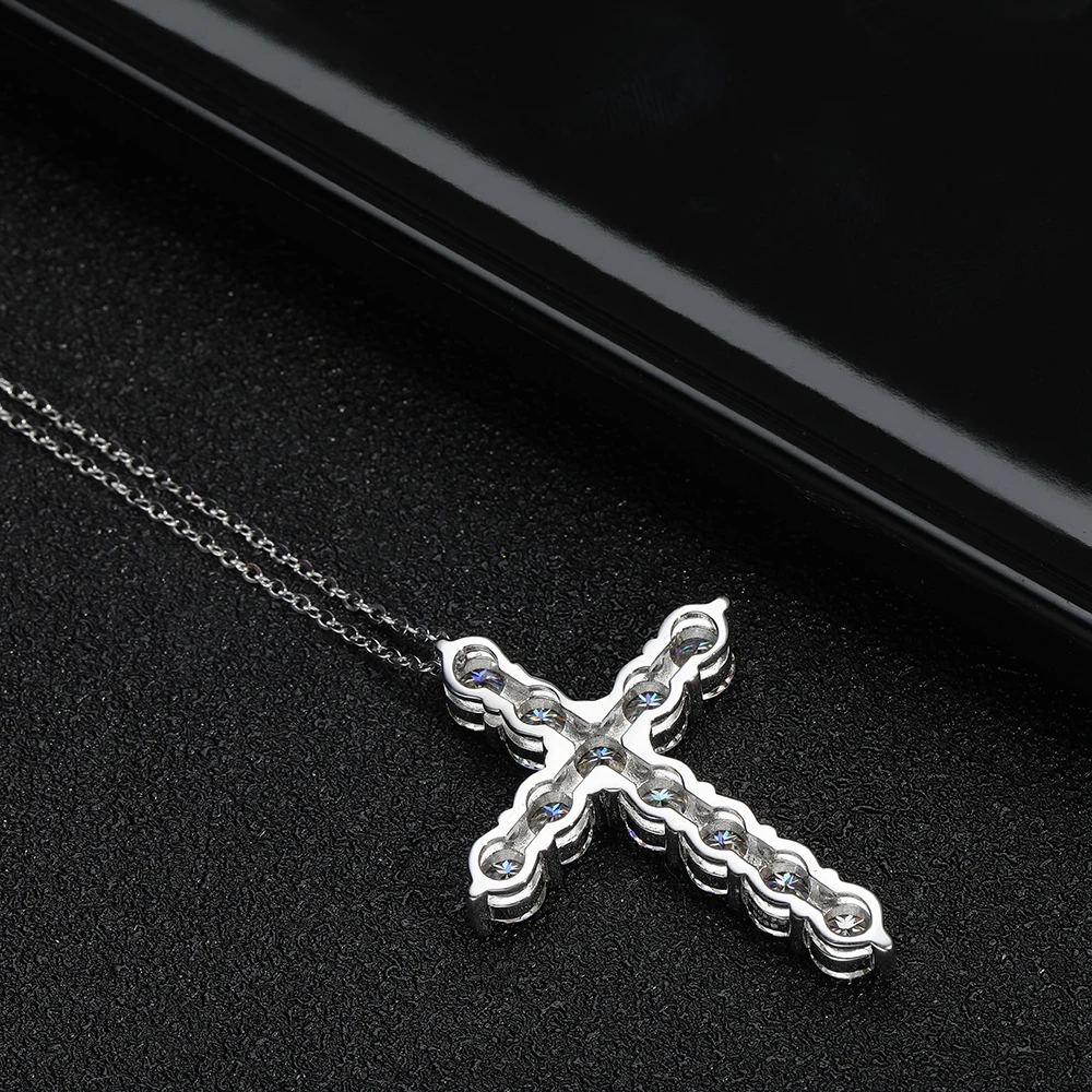 KNOBSPIN Full Moissanite Cross Pendant Necklace Original 925 Sterling Sliver Chain Plated 18k White Gold Fine Necklace for Women