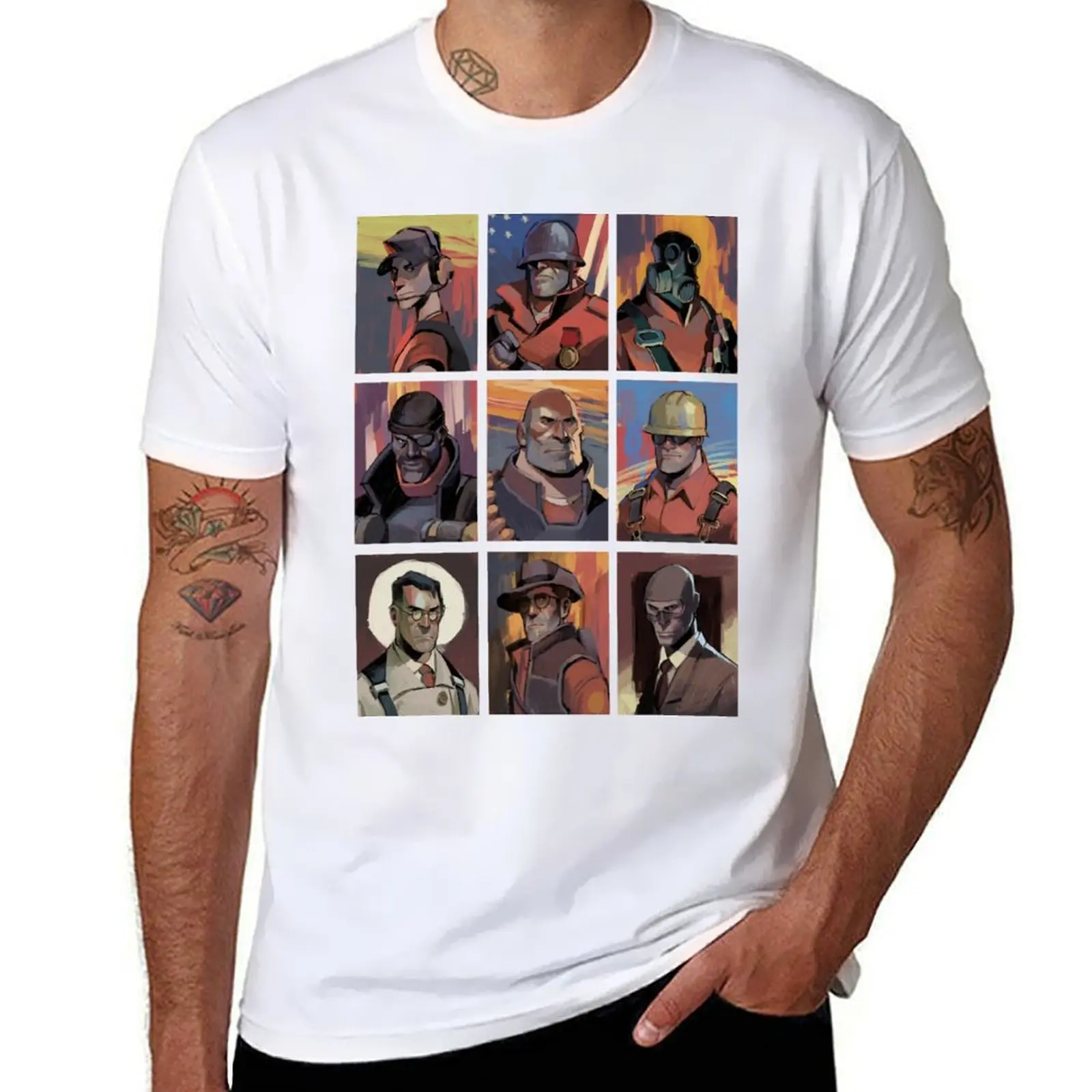 

TF2 Mercs portraits in Disco Elysium art style T-Shirt Stylish Graphic Short Sleeve Top
