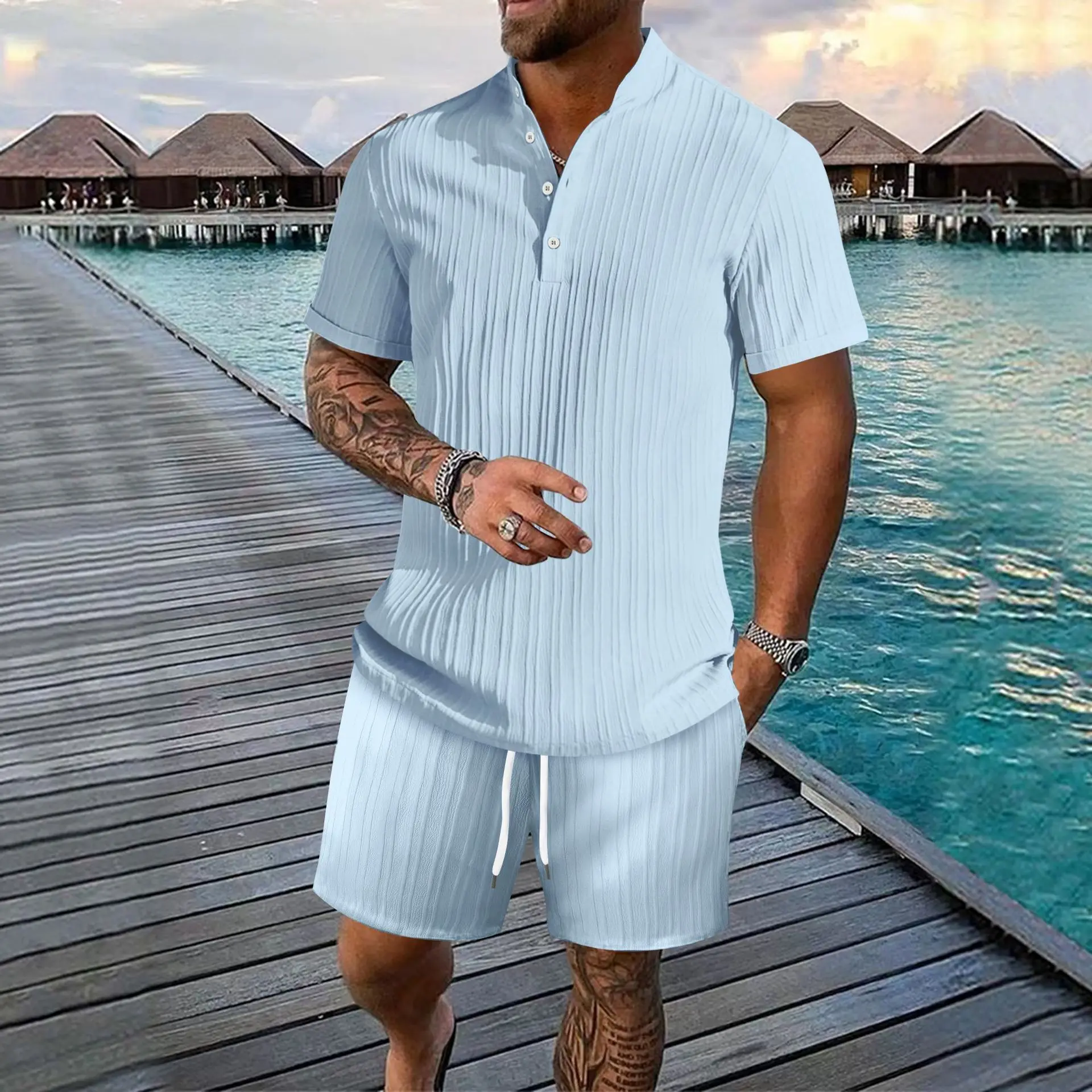 Men\'s suit striped jacquard stand collar short sleeve shorts men\'s shirt casual loose solid color beach suit fashion new