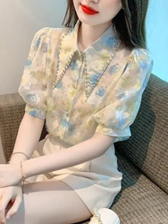 Summer Woman Clothes Chic French Romantic Fashion Style Sweet Floral Chiffon Shirt Top Popularity Thin Polo-neck Loose Diamonds