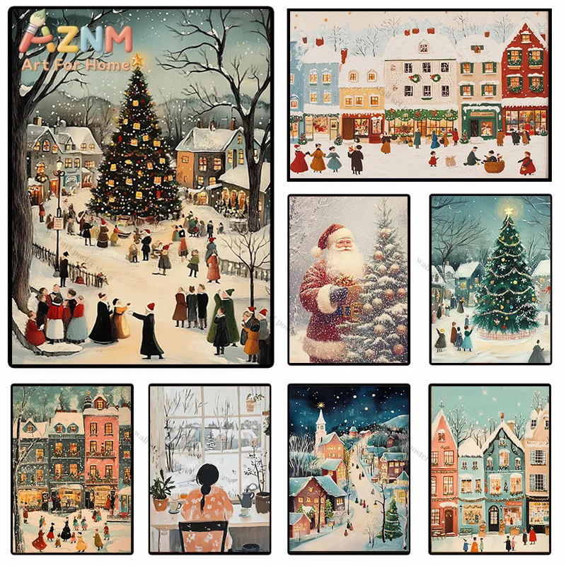 (2D canvas painting)  Winter Town Holiday Printable Wall Art Christmas Tree Poster Hello December Print Cozy Farmhouse Christ