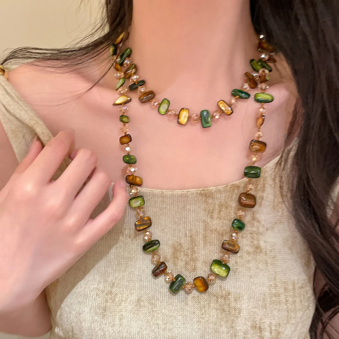 

DUTRIEUX Bohemian Wind Necklace Green Natural Shell Choker Female Mori retro Double-layer Stacked Chain Jewelry Gifts New Trend