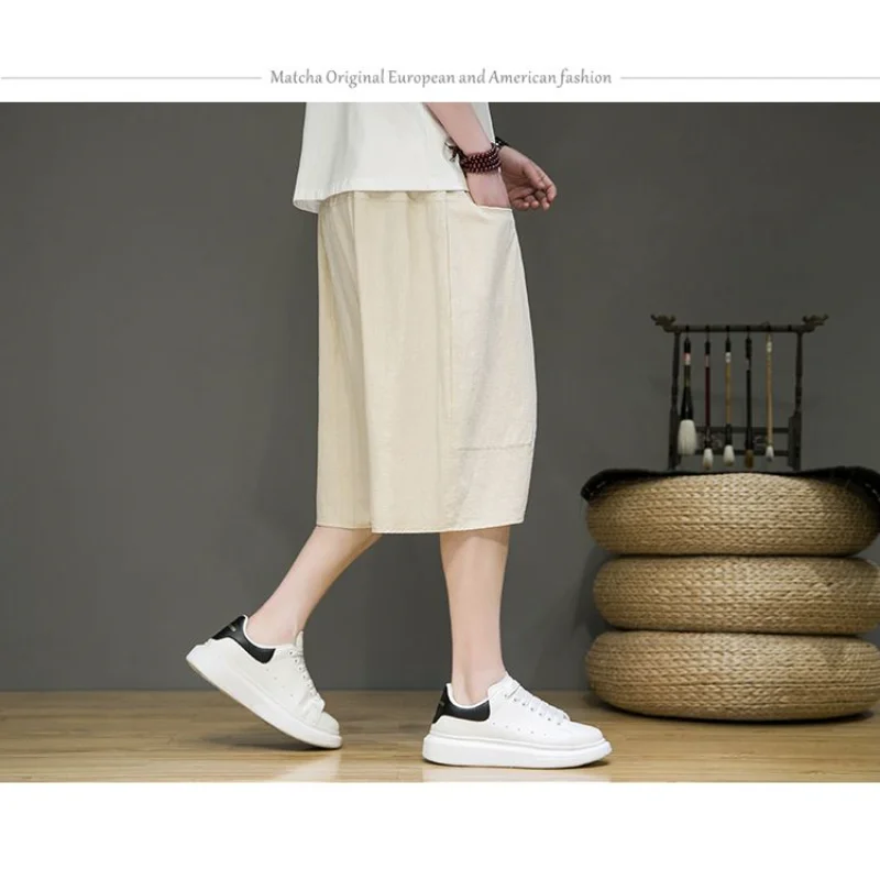 Chinese Style Men's Cotton Linen Harem Shorts Summer Loose Plus Size Drop Crotch Casual Pants
