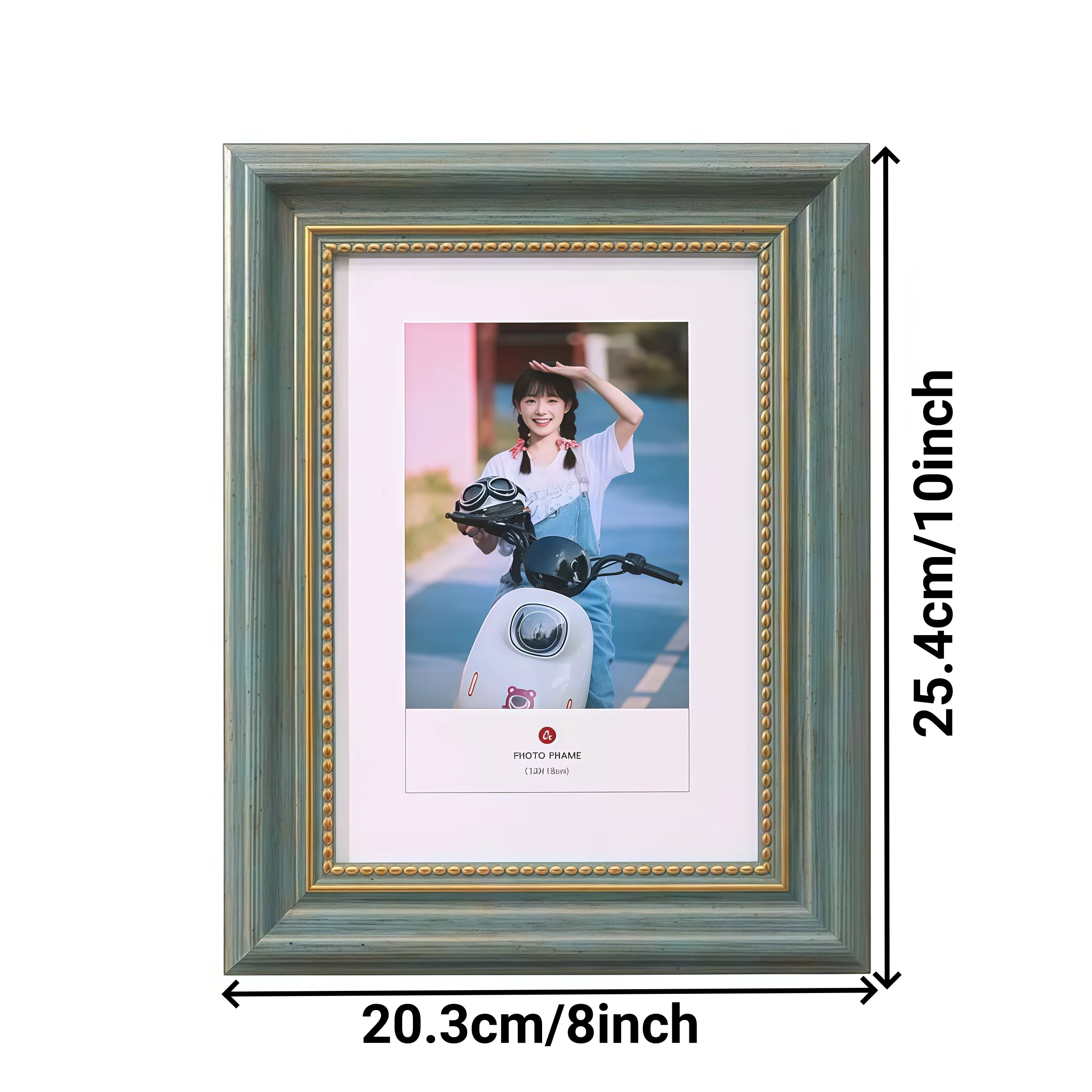 Custom Vintage Green Blue Photo Frame with Gold Decor Carved Floral Border Luxury Tabletop Display Frame for Home Decor