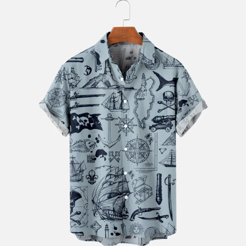 Men's Fashion Summer T-Shirts Hawaiian Skull 3d Print Cozy Casual One Button Shirts Short Sleeve Beach Oversized Shirts 14