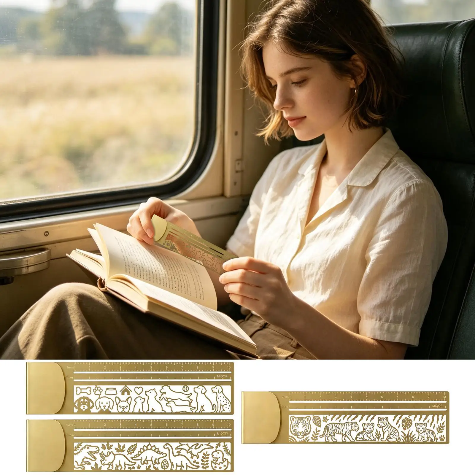 Brass Bookmark Ruler Hollow Cute Patterns Stencil Straight Ruler Multi-functional Drawing Template Ruler Journal Scrapbook