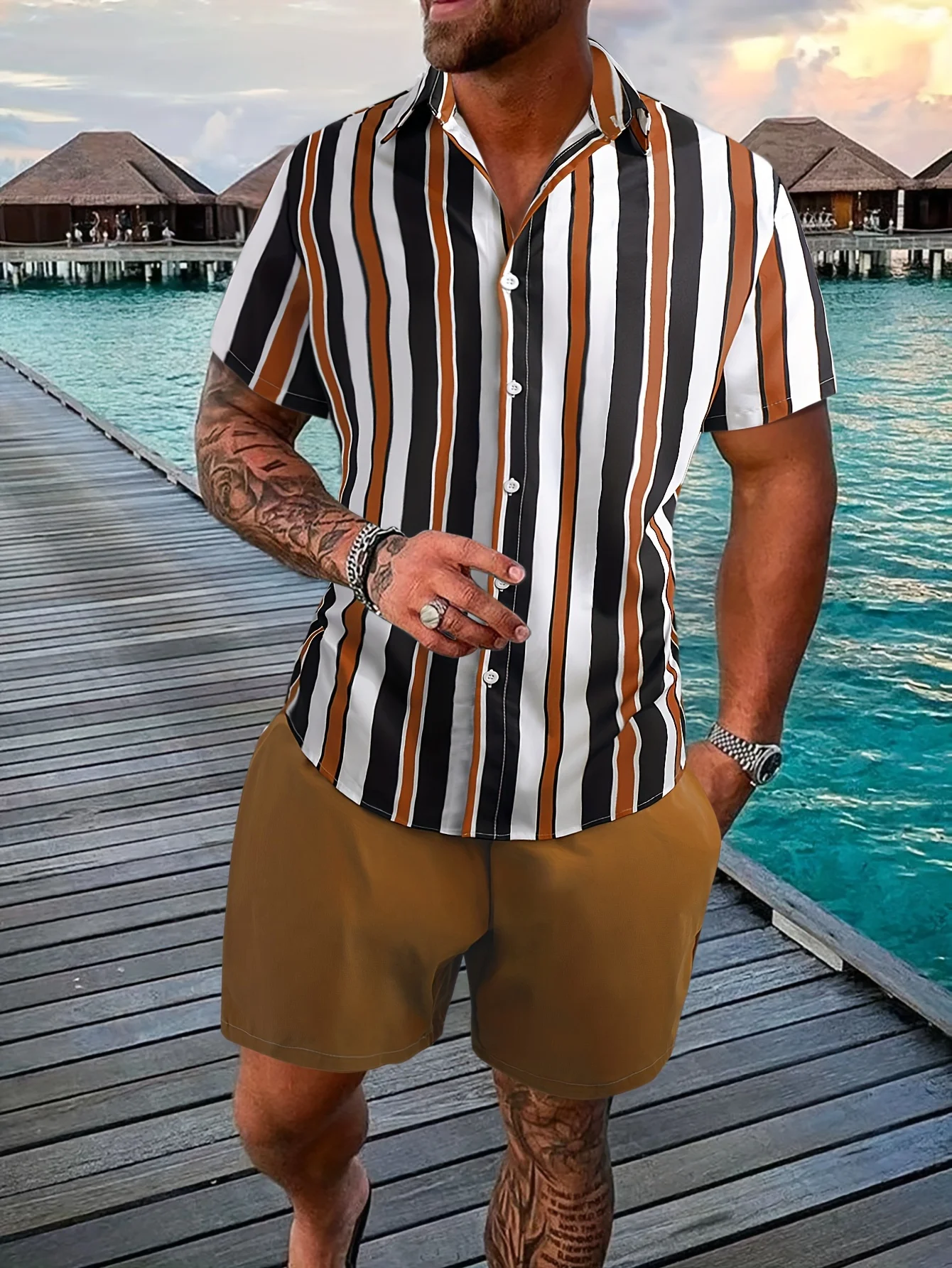 Conjunto de camisa con estampado 3D para hombre, camisa informal de manga corta con rayas graduadas, pantalones cortos de playa de gran tamaño,