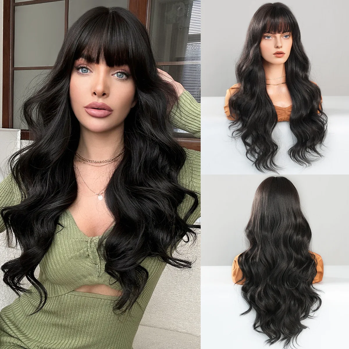 

Natural black long curly hair, big wavy bangs, full head covering, chemical fiber wig