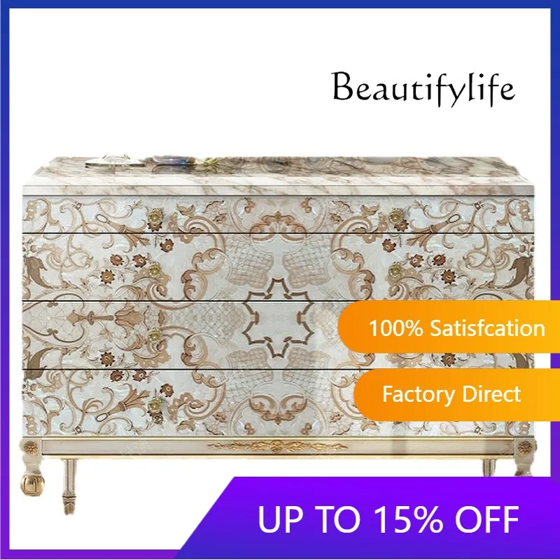 

French Solid Wood Carving Flower Dining Side Cabinet Palace Light Luxury Shell Parquet Locker Bedroom Four Chest Cabinet X