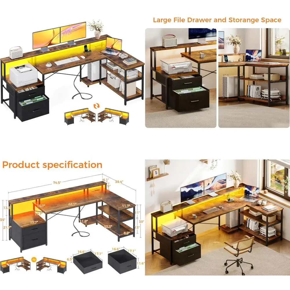 

75-inch Reversible L-Shaped Desk with File Drawer, Power Outlet, and LED Strip for Office Storage