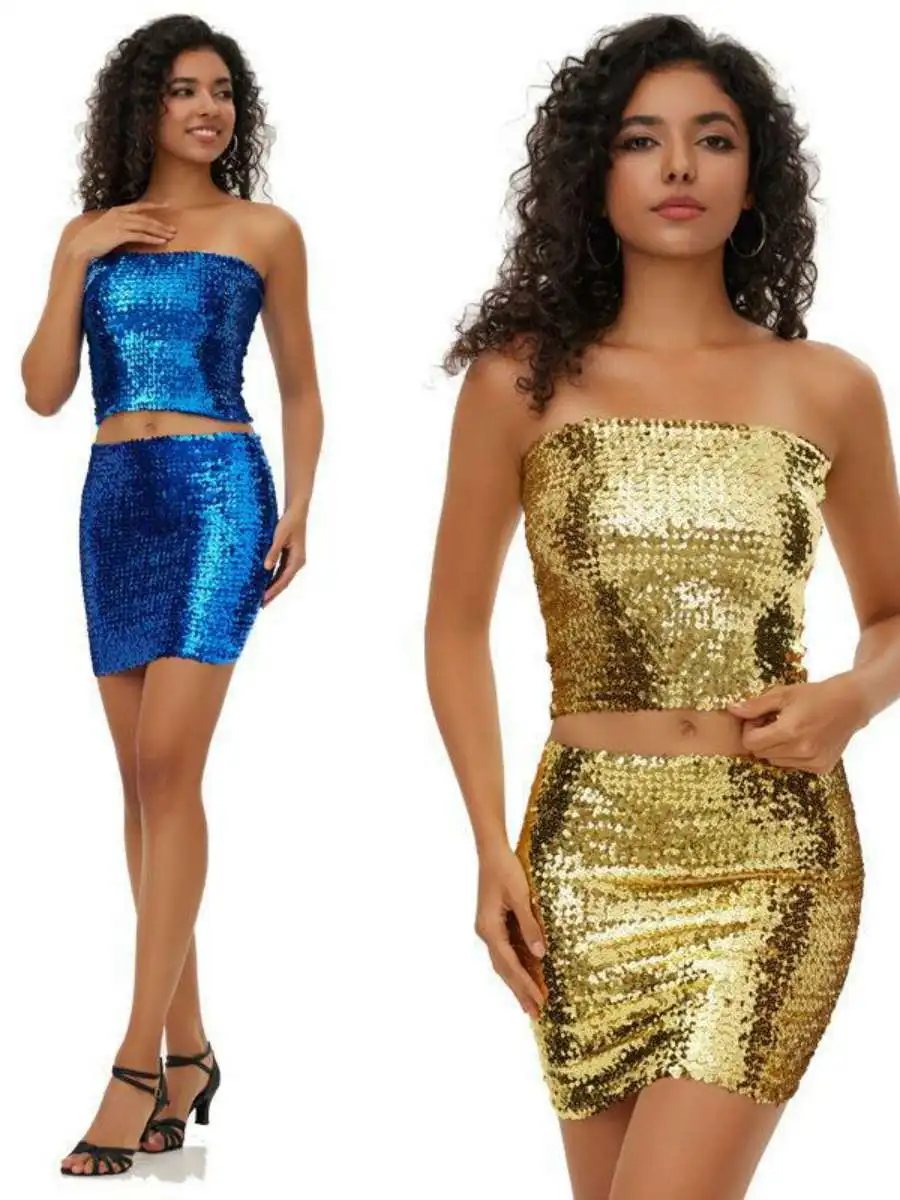 Sexy Sparkling Sequin Elastic Set Half Skirt Dance Dress Bead Top Halloween Costume Polyester Material Ethnic Stage Costume
