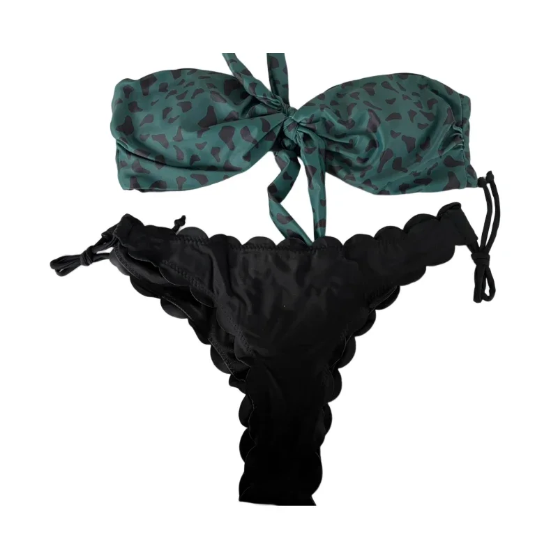 Sexy biquíni frontal feminino com laço para cima, maiô leopardo sem alças, feminino push up, arco babado maiô, tanga swimwear, biquíni de praia, 2022