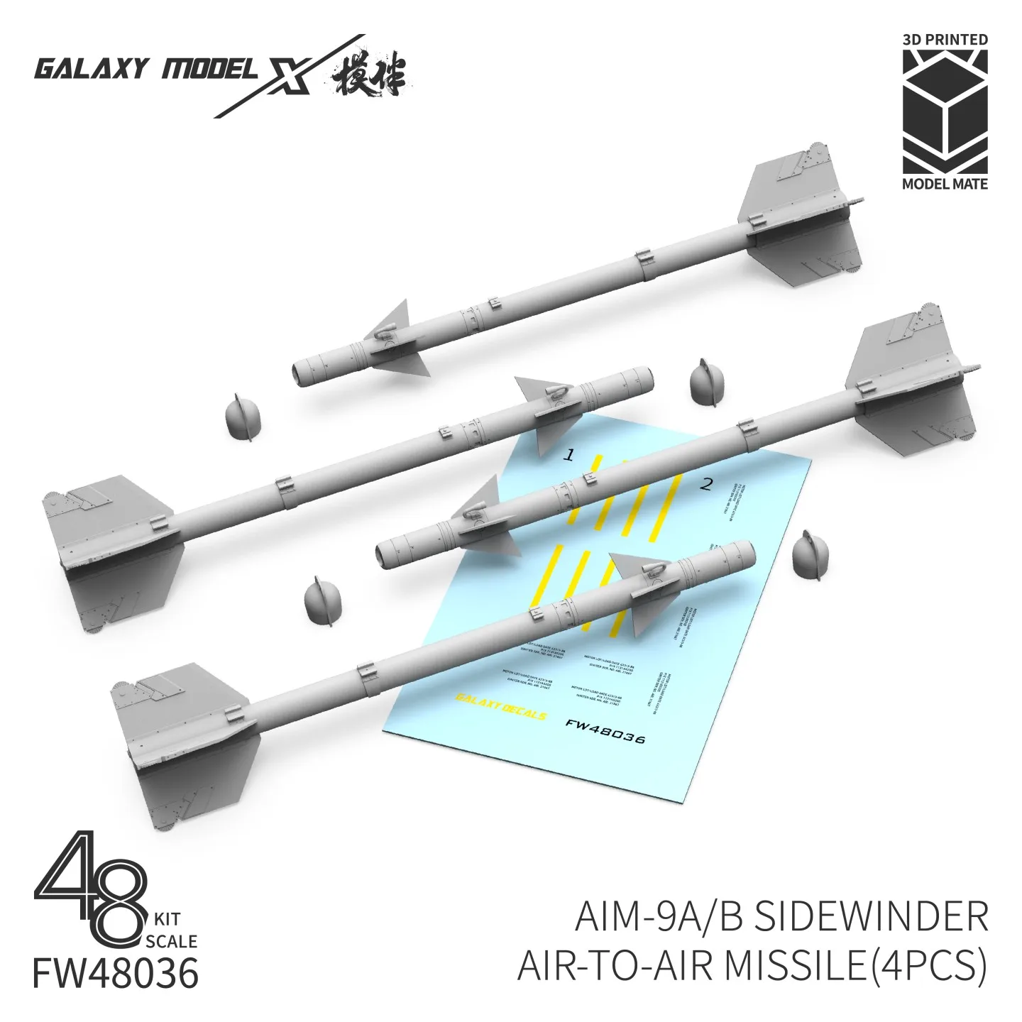 갤럭시 FW48036~FW48043 1/48 스케일 AIM-9A/B 사이드와인더 공대공 미사일(4개) 3D 레진 프린트 군사 모델 취미 DIY 제작