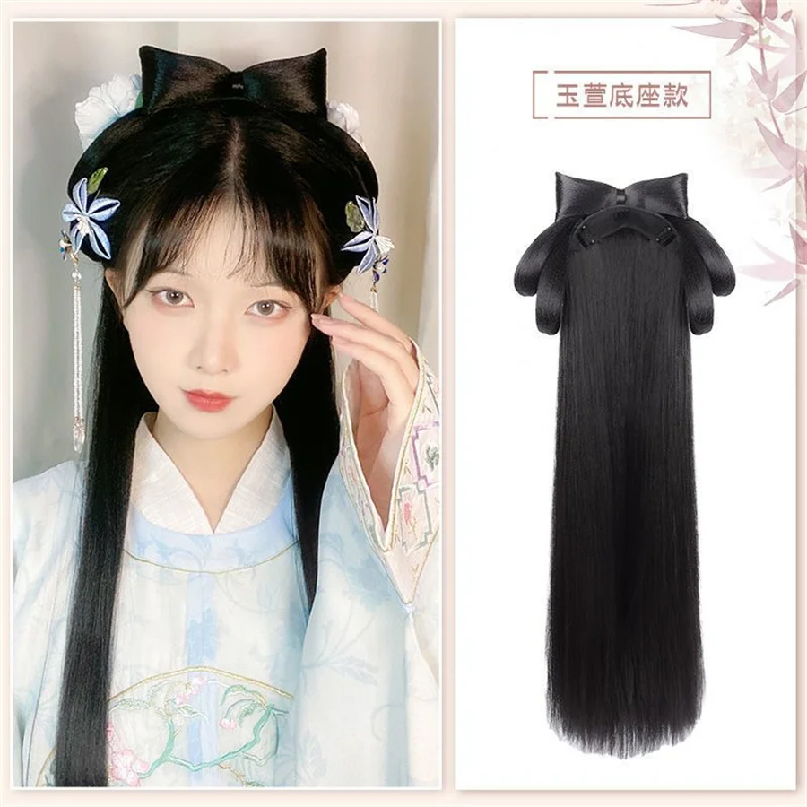 Women Synthetic Hanfu Headband Hair Extension Chinese Style Cosplay Antique Hairpiece Hair Accessories Headdress Black