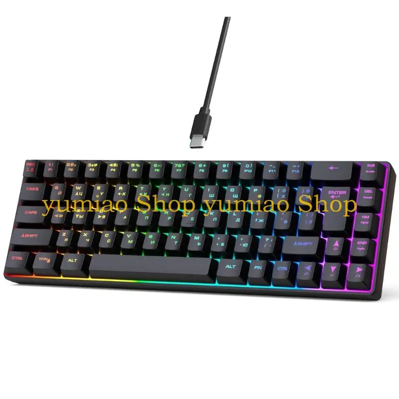 587B Membrane Keyboard 68Keys Mini Keypad LED Backlits Keycaps Typewriter Mechanical Feeling Russian and English