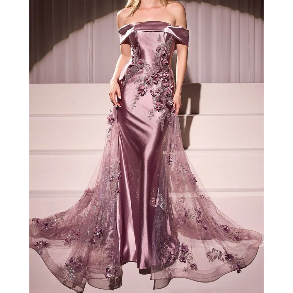 Gorgeous Appliques Evening Dresses foe Women Off the Shoulder Chapel Train Satin Prom Dress Graceful Celebrity Gowns Vestidos