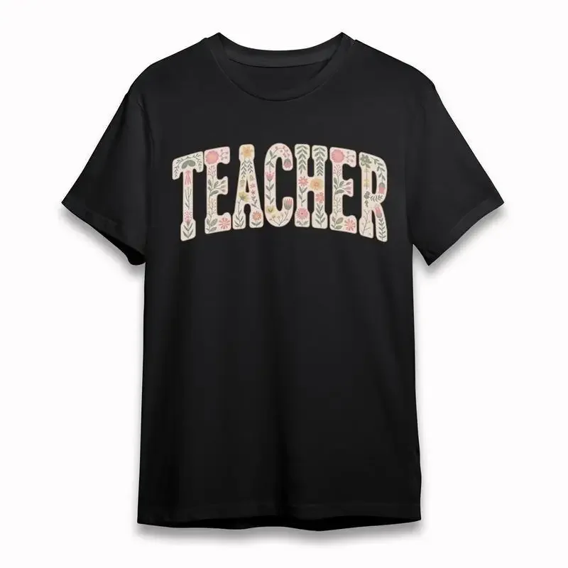 Women'S Comfortable Classic T Shirt Floral Filled Teacher Lettering Design