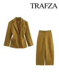 TRAFZA Women's Autumn Fashion Slim V-neck Long Sleeve Blazer 2-piece Set Retro High Waist Khaki Elegant Women's Loose Bloomers