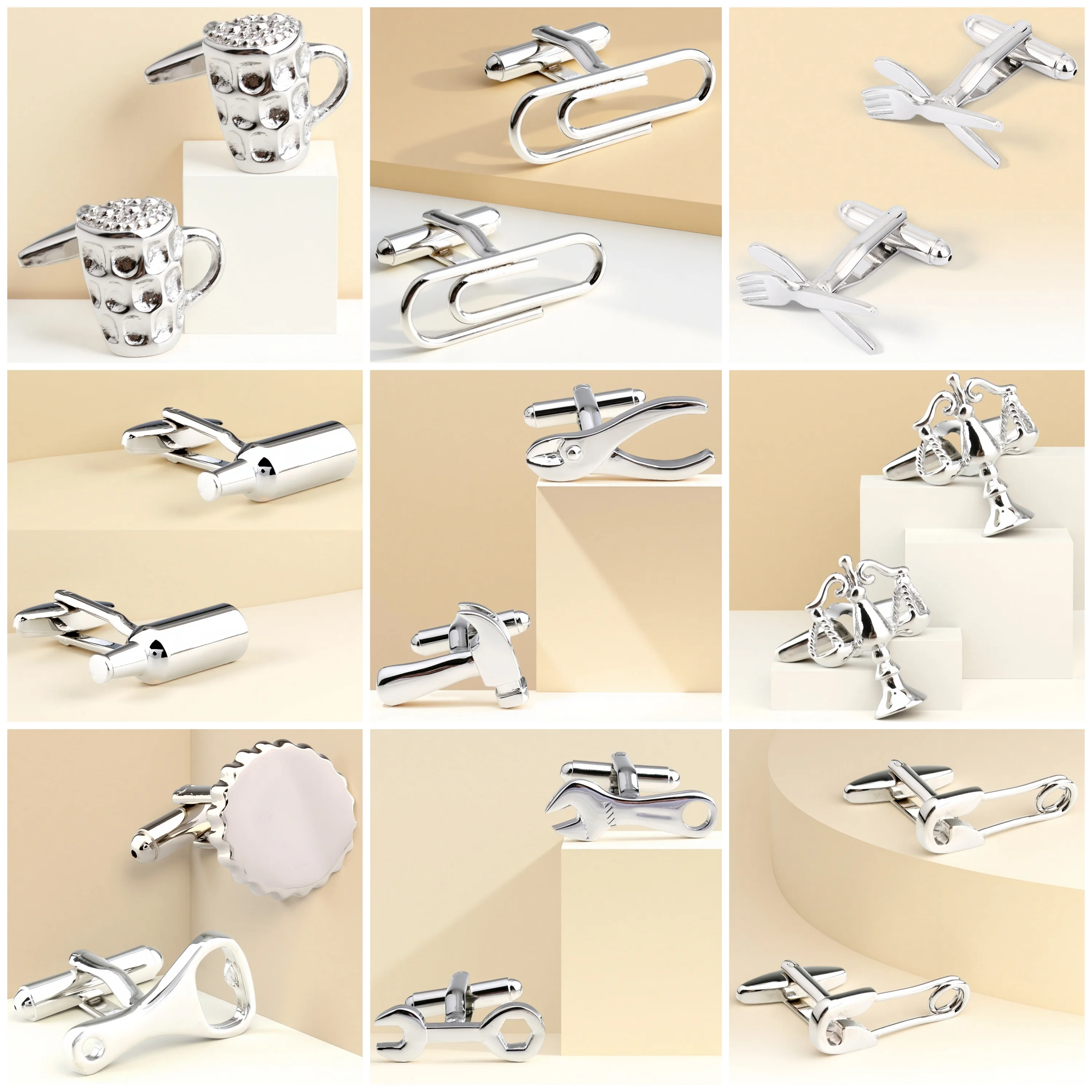 Annlyy Fashion Opener Bottle Scale Spanner Hammer Clip Knife Fork Tool Mens Cufflinks Cuff Links