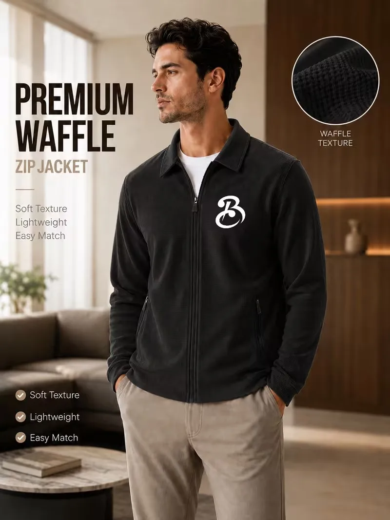 Men's Premium Waffle Lapel Zip up Jacket Casual Logo Detail Spring Autumn Versatile Fashion Outerwear 4 Colors