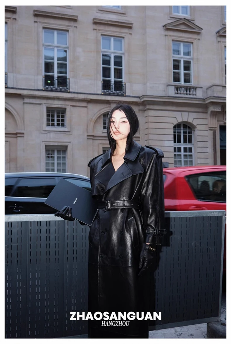 Lautaro Spring Autumn Cool Extra Long Black Loose Pu Leather Trench Coat for Women with Shoulder Pads Belt European Fashion 2024