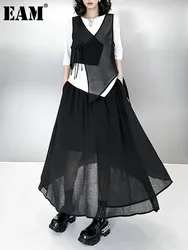 [EAM] Black Irregular Vest Half-body Skirt Two Pieces Suit New V-Neck Sleeveless Women Fashion Tide Spring Autumn 2024 1DH6623