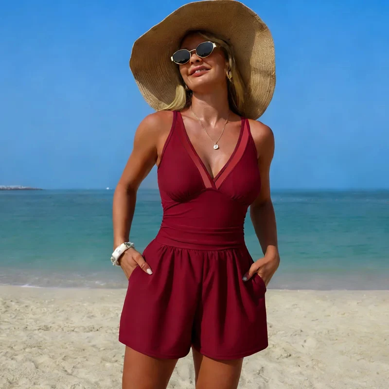 2026 New One-Piece Swimsuit Women Solid Color with Pocket Sportive Conservative Bikini High Elasticity No Sleeve Running Fitn...