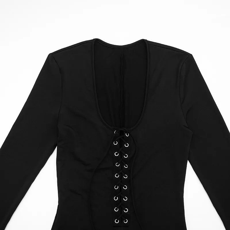 Schwarzer sexy, figurbetonter Jumpsuit mit tiefem V-Ausschnitt und Schnürung vorne, Damen-Jumpsuit mit langen Ärmeln, hochelastisch, figurbetont, Capri-Jumpsuit, Nachtclub-Party-Outfit – Detail 12