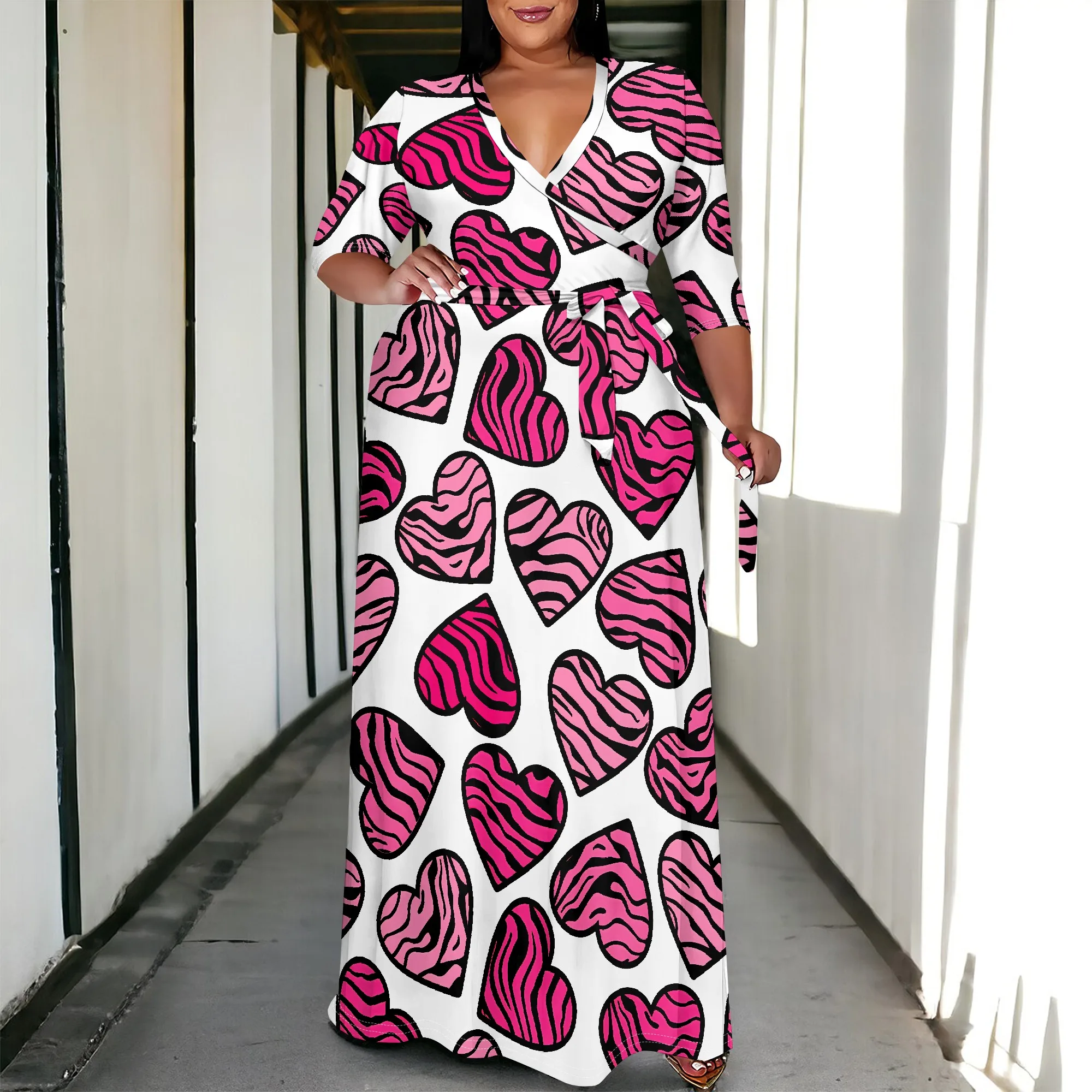 

Plus Size Strapless Maxi Dress Zebra Heart Print Valentine's Day Sexy Bodycon Dress