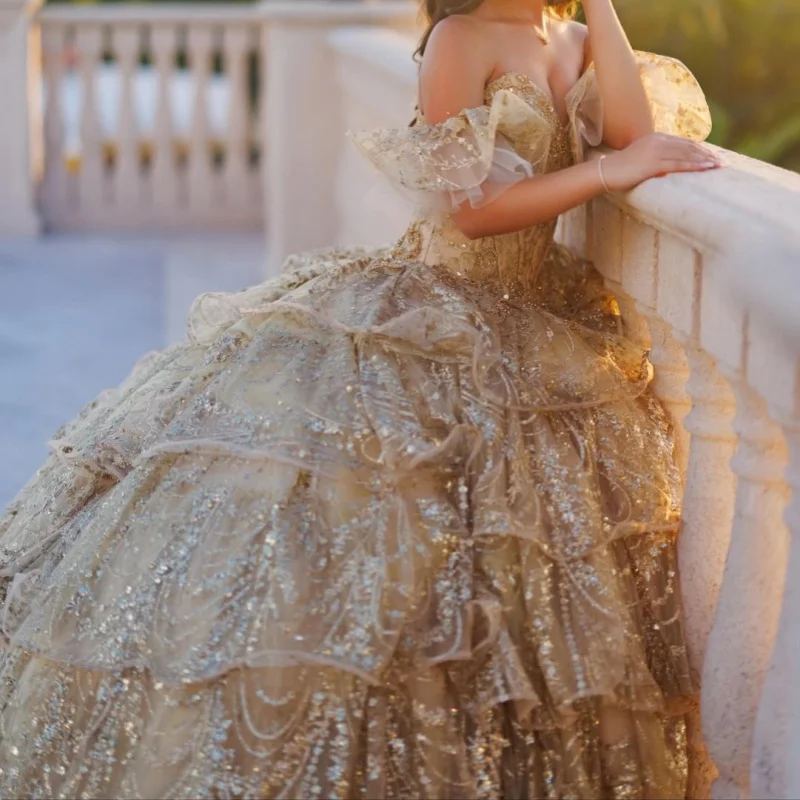 

Shiny champagne Quinceanera Dress off-shoulder glitter crystal Decal layering Long tail Vestidos De 15 Quinceanera ﻿Customize