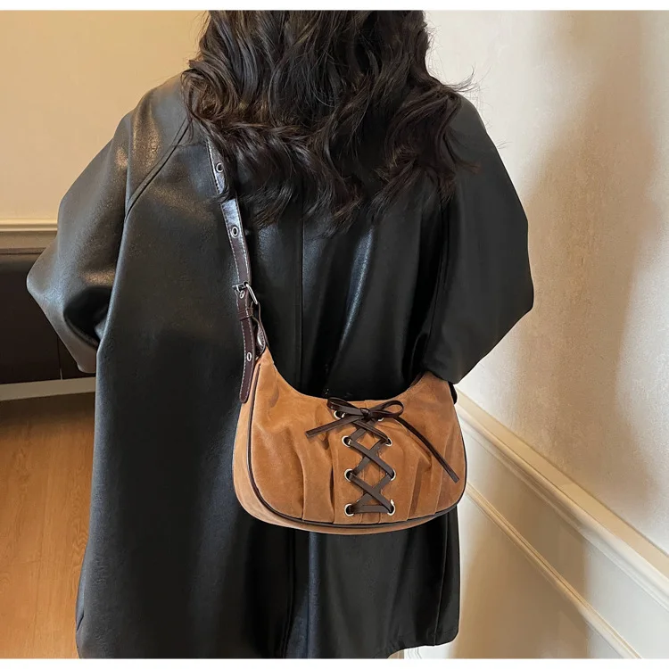 PU leather color-blocked women's single-shoulder underarm bag with ballet-style bow strap and hand-held dumpling-shaped bag