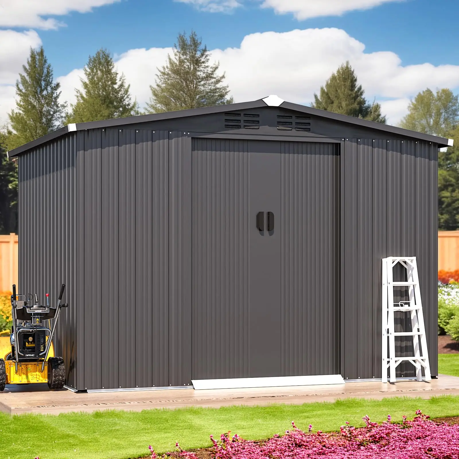 8x6 FT Galvanized Steel Outdoor Storage Shed, Small Metal Garden Tool Shed with Sloped Roof & Lockable Double Sliding view 3