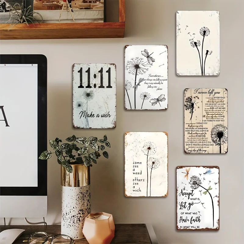 

[ДЖИТ] Набор винтажных металлических жестяных вывесок из 6 предметов, дизайн одуванчика и стрекозы, идеально подходит для домашнего бара, кухни, офиса, декора в виде пещеры, 20,32x