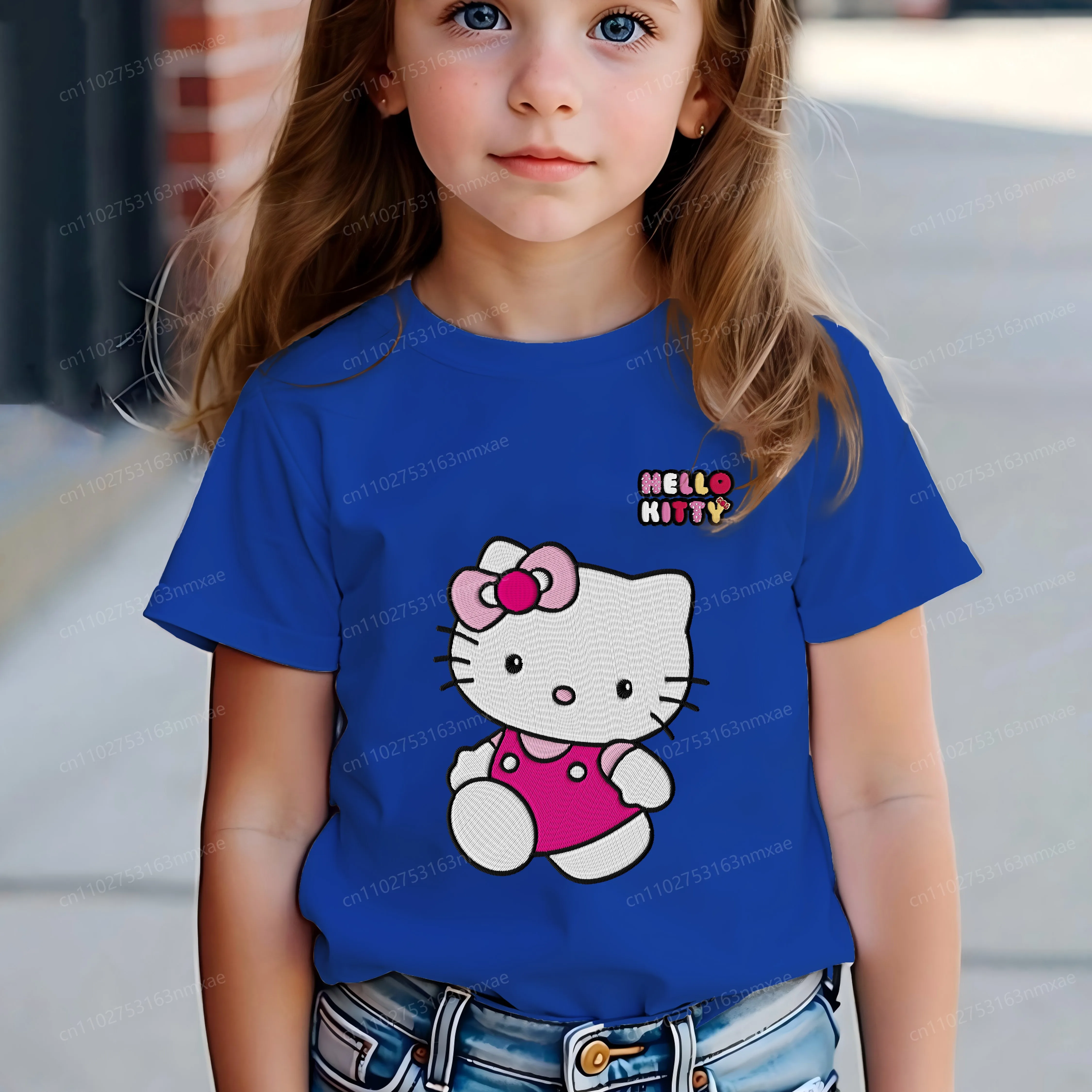 

Детская летняя одежда с вышивкой «Hello Kitty», 3D принт, 2021, одежда с круглым вырезом для девочек, футболка из чистого хлопка, топ для детей