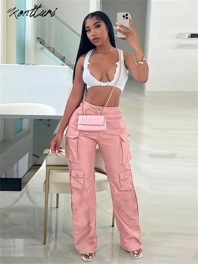 

Kontturi Y2k Streetwear Cargo Wide Leg Pants For Women 2023 High Waist Pink Sweatpants Black Leather Pockets Baggy Pants Female