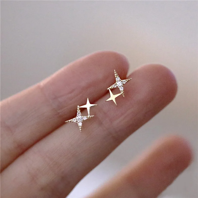 Trendy Sparkling Zircon Romantic Cute Four-Pointed Star Stud Earrings for Women European Fashion Gold Silver Color Jewelry Gift