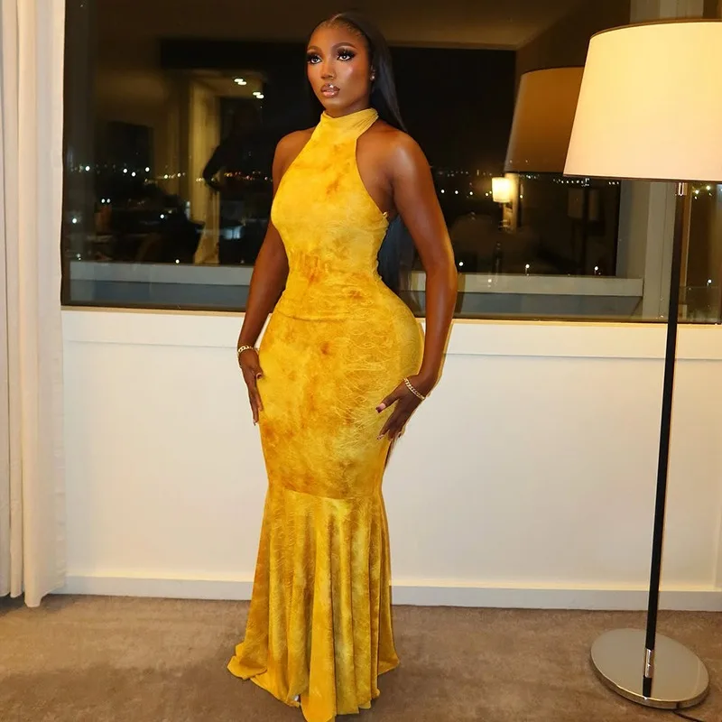 

Women's Lace-up Halter Turtleneck Sleeveless Long Mermaid Dress, Backless, Hips Wrapped, Sexy