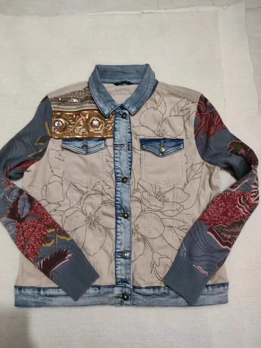 Foreign trade original single Spanish new fashion embroidery patchwork sleeve denim coat