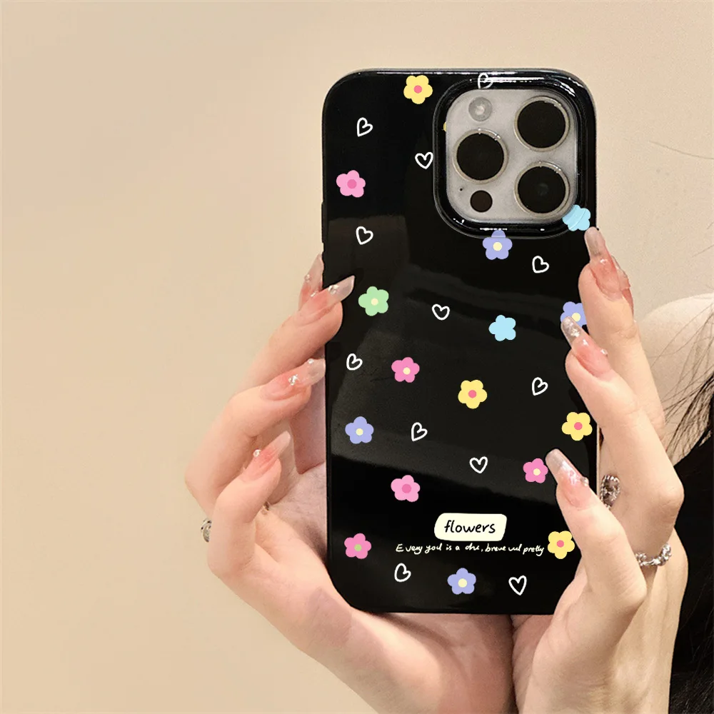 Flowers Gloss Black Phone Case For iPhone 11 Case iPhone 12 13 14 15 Pro Max 7 8 Plus X XR XS Max SE2 Shockproof Soft TPU Cover