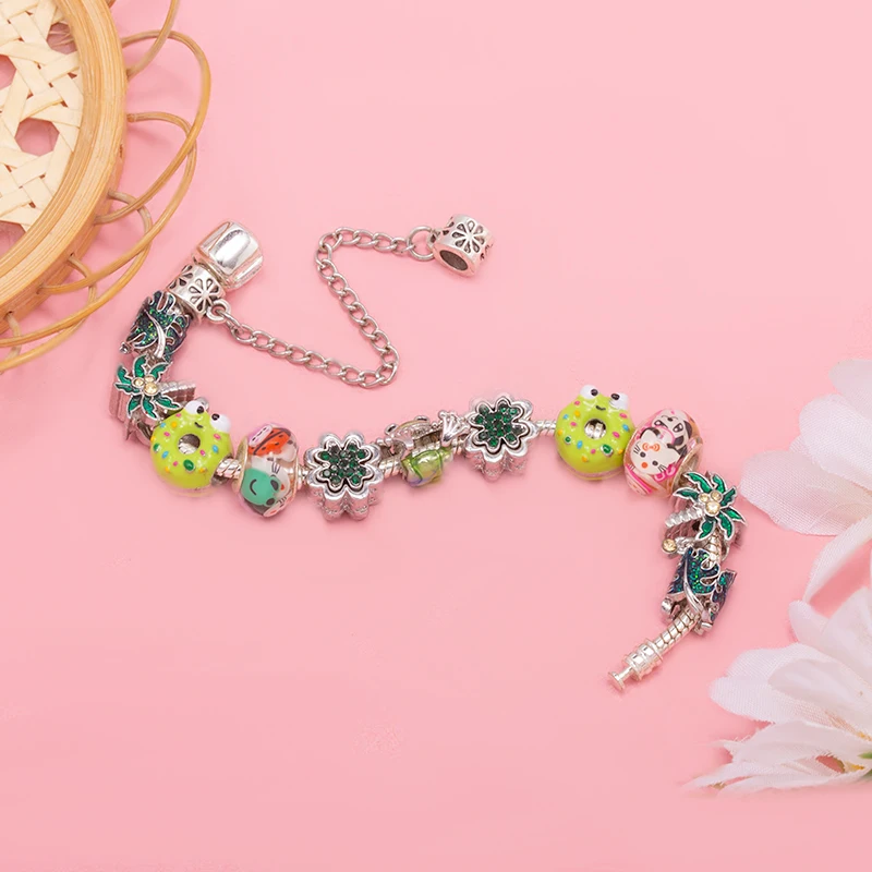 Green Grass And Frogs Beads Snake Chain With Pendent DIY Brand Charm Bracelet Jewelry For Women Making Gift New Desgin