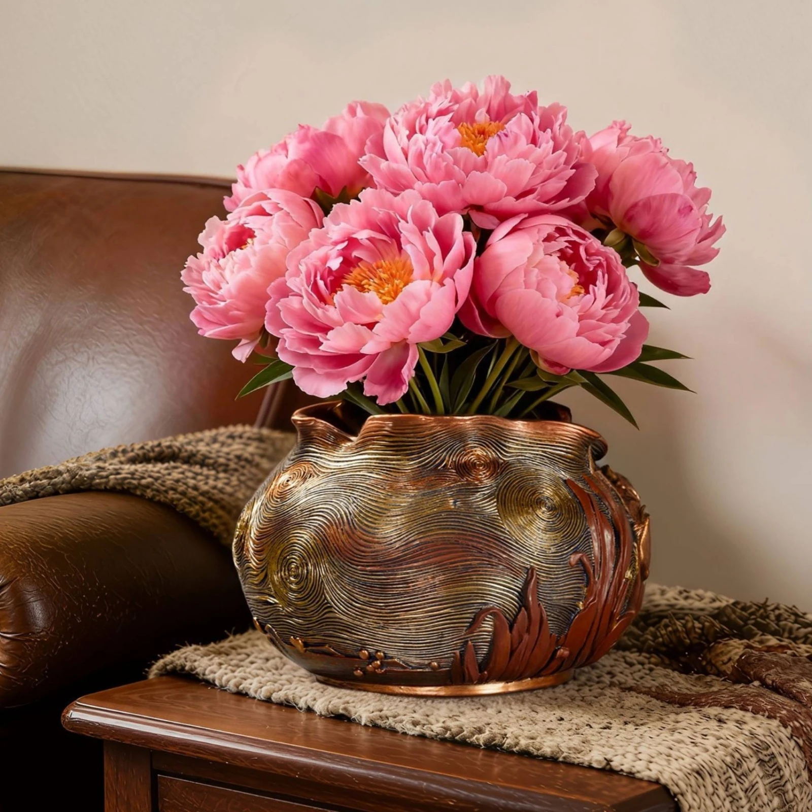 Ornate Iris Planter Relief Design Copper-Gold Planter Embossed Flower Pot Flared Rim Decorative Flower Pot Irregular Shape