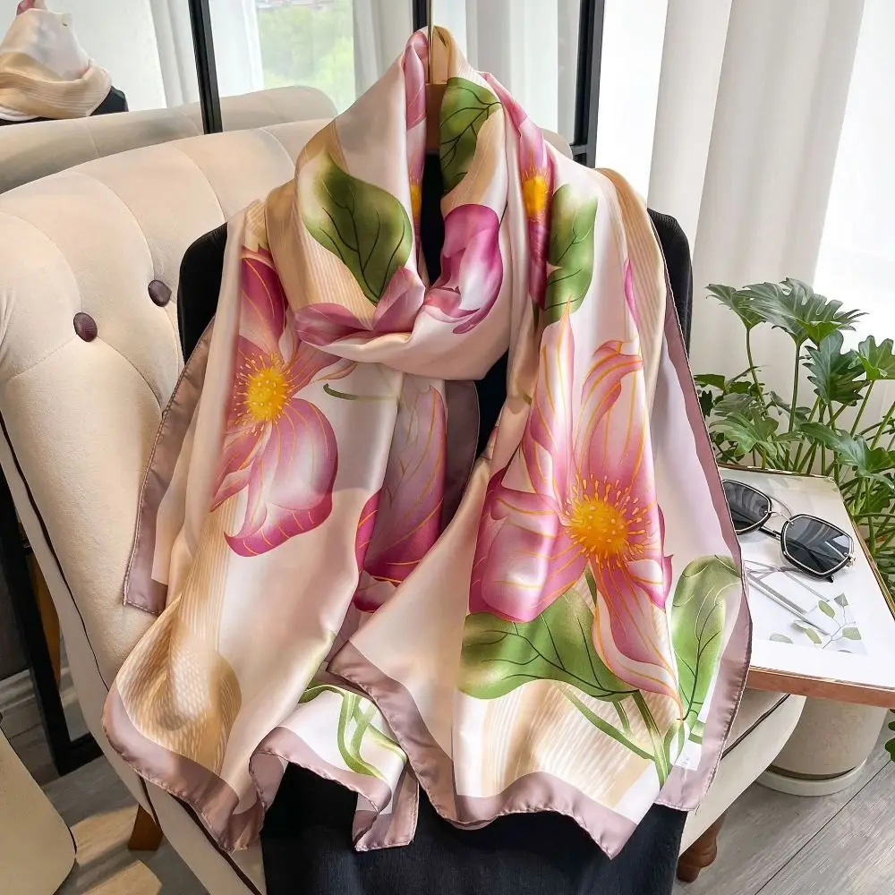 

Headkerchief Korean Luxury Silk Scarf Lotus Pattern Elegant Chiffon Shawl Wrap Soft Printing Women Hijab Shawls Spring