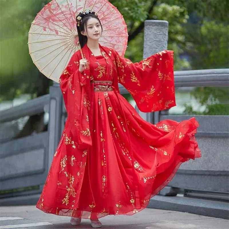 Chinese Hanfu Dress Women Traditional Vintage Hanfu Halloween Cosplay Costume Dance Dress Hanfu Gradient Red white 4pcs Sets