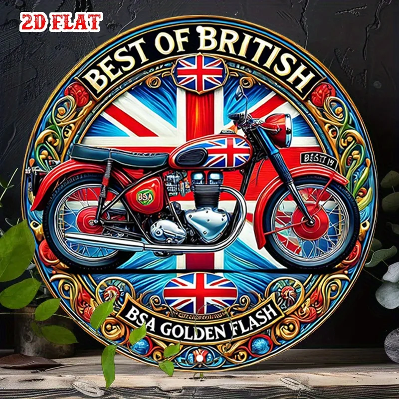 One Piece of 2D Flat Golden Flash Round Aluminum Sign Measuring 7.87 by 20x20cm , Featuring British Motorcycle Themes