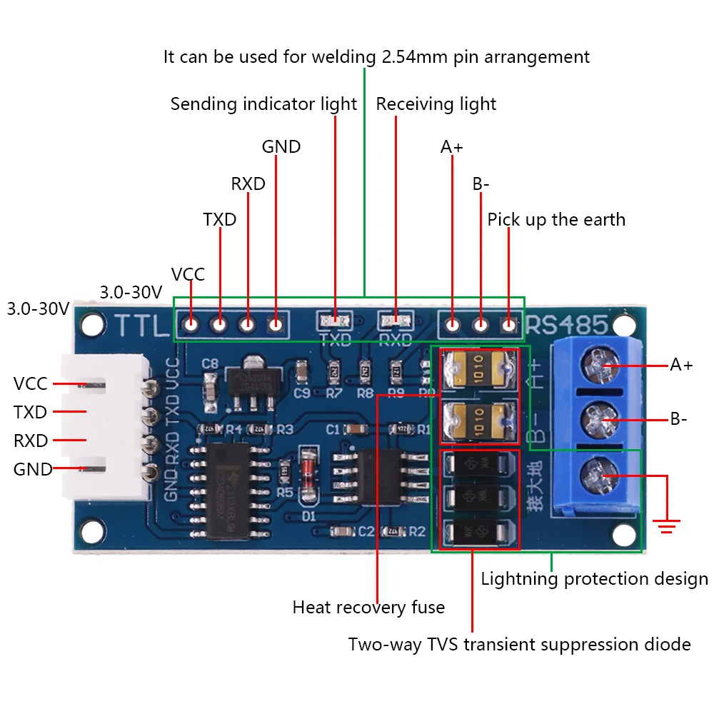 TTL Turn To RS485 Module Hardware Automatic Flow Control Module Serial UART Level Mutual Conversion Power Supply Module 3.3V 5V