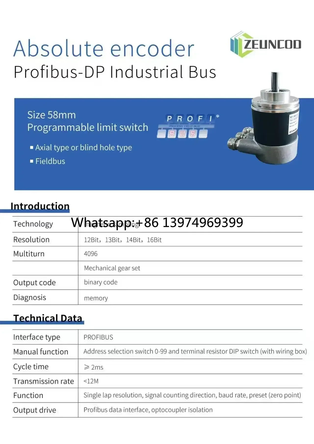 ZHEJUN 58mm PROFINET-DP Multi-Turn Absolute Rotary Encoder Magnetic 12-16Bit Resolution IP65/IP67 Industrial Position Sensor