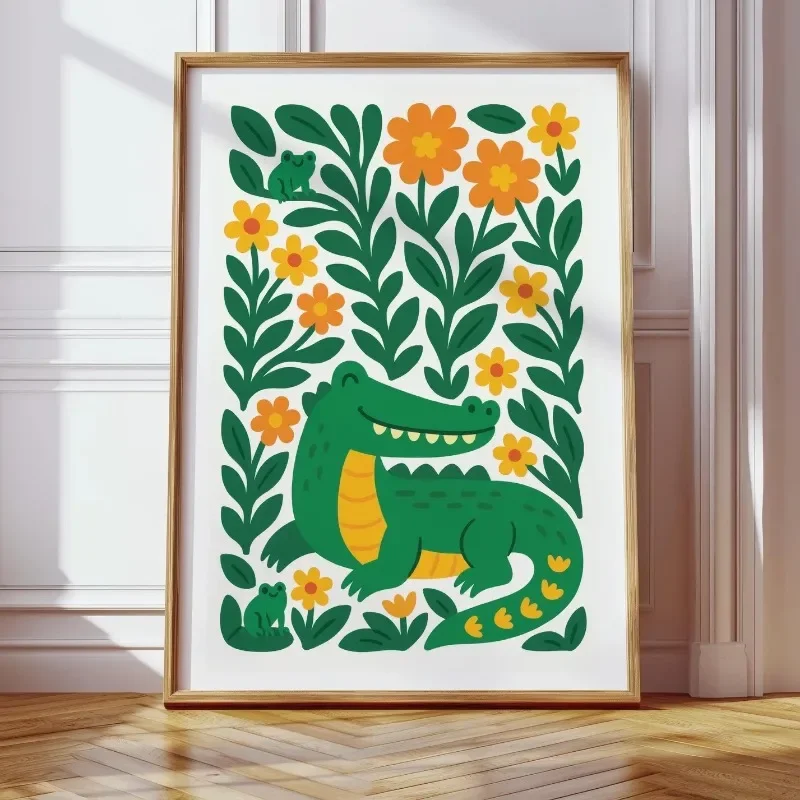 Multiple sizes 1pc frameless Canvas Painting Happy Alligator Kids Art Print – Jungle Animal Poster with Frogs & Flowers – Unfram