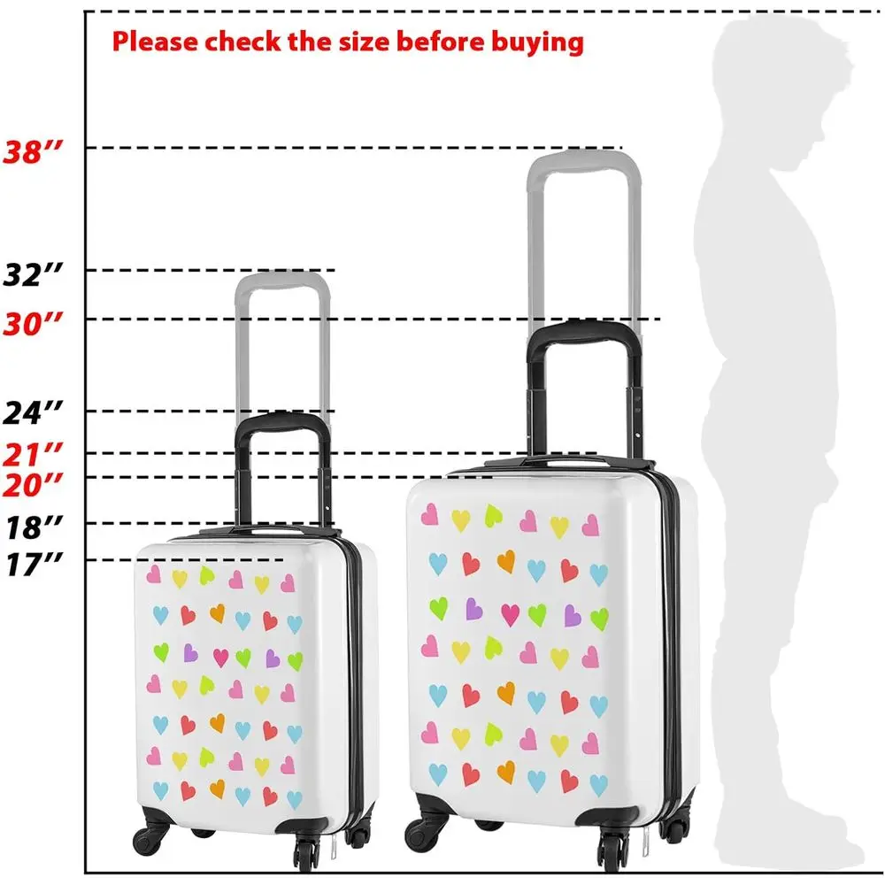 طقم أمتعة دوارة بيضاء للفتيات مكون من 3 قطع مع 18 و20 حافظة وتصميم قلب